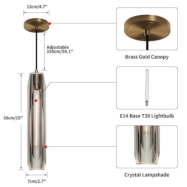 KCO LIGHTING SMOKEY CRYSTAL PENDANT LIGHT ANTIQUE BRASS GOLD HANGING LIGHT FIXTURE MID CENTURY MODERN LONG TUBE PENDANT LIGHT FOR KITCHEN ISLAND DINING ROOM BEDROOM