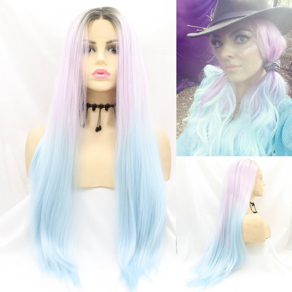 24" Ombre Purple Blue Colorful Synthetic Lace Front Wigs for Women Long Straight Heat Resistant Fiber Hair Party Hairstyle Drag Queen Ombre Purple Blue Halloween Wigs