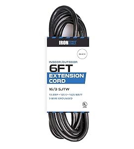 6 Ft Outdoor Extension Cord - 16/3 Heavy Duty Black Cable