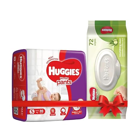 Huggies Wonder Pants Diapers, Small (Pack of 86) & Huggies Cucumber and Aloe Vera Baby Wipes (72 Count)