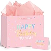 Large Pink Birthday Gift Bag with Pink Tissue Papers and Greeting Card Princess Girl Birthday Paper Bag for Women Girls Party Favor Gift Bags for Women's Party Baby Shower Birthday Party Supplies