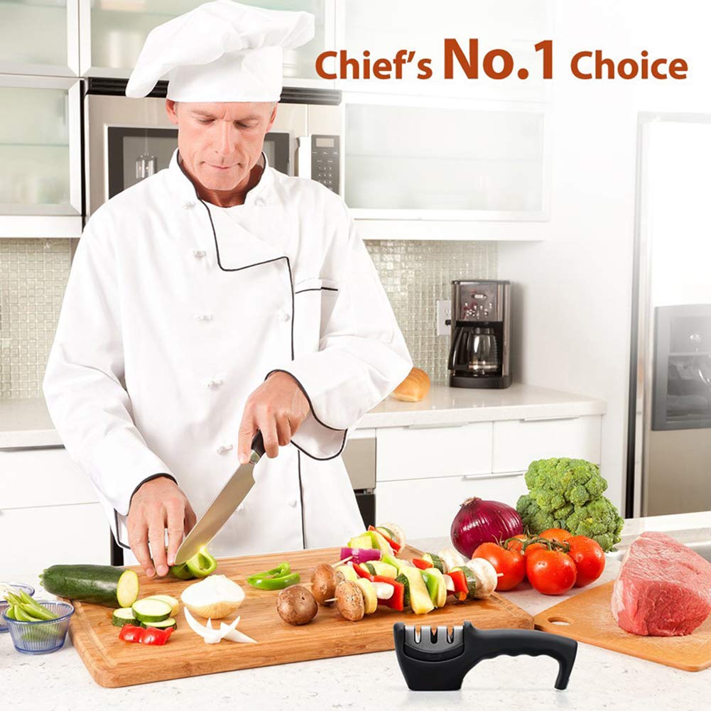 Knife Sharpener, Ceramic Knife Sharpening Stone Tungsten Steel Diamond Sharpener 3 Stage for Knives Kitchen Tools