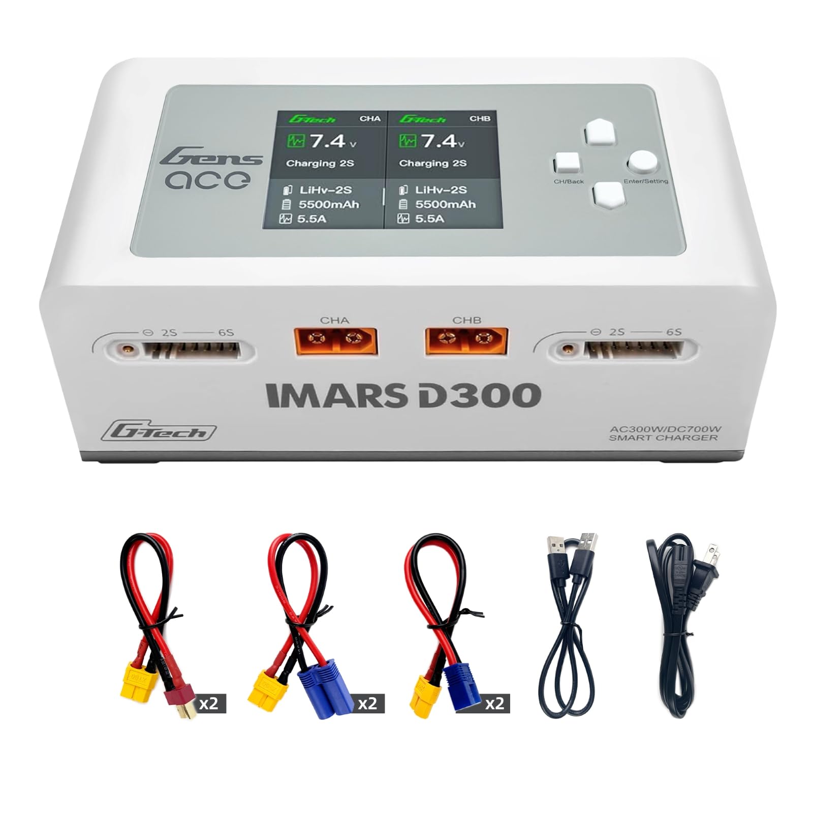 View 1 of **parts only 
Gens Ace IMARS D300 Lipo Battery Charger G-Tech Series Dual Lipo Charger 16A AC 300W Smart Fast Balance Charger for RC 1S 2S 3S 4S 5S 6S Lipo Batteries, LiHV/Life/Li-lon/NiMH Batteries Fast Charging