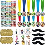 Super Mario Bros Birthday Party Favors Pack For 12 With Mario Coins, Super Mario Mustaches, Removable Tattoos, and Mario and Friends Pencils With Exclusive Birthday Pin by Another Dream