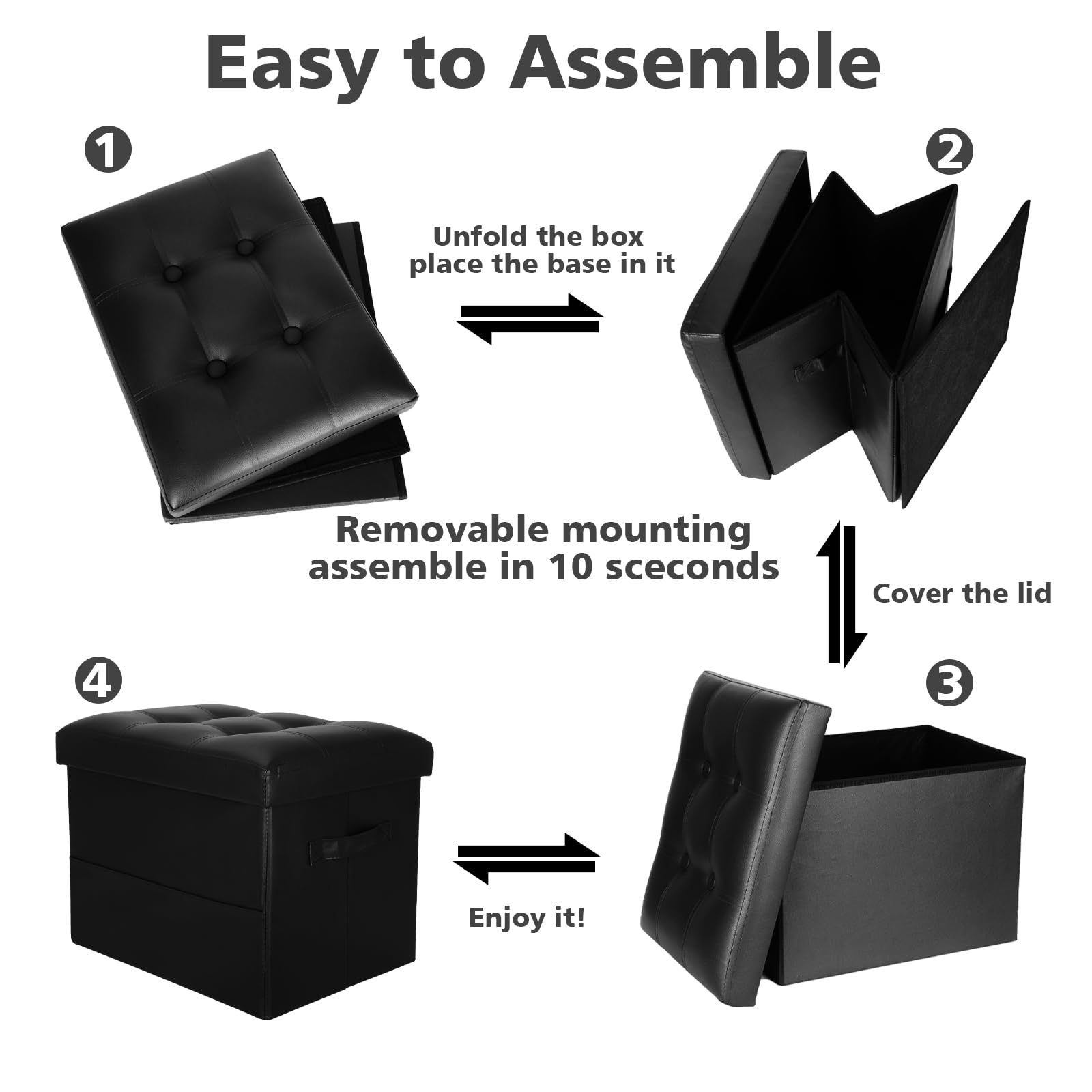 BelugaHelper Storage Ottoman Foot Rest Stool with Thicker Foam Padded Seat. Foldable Leather Footstool Bench. Small Ottoman with Storage for Living Room Bedroom Coffee Table 350 lbs, 17x13x13in, Black - Image 7