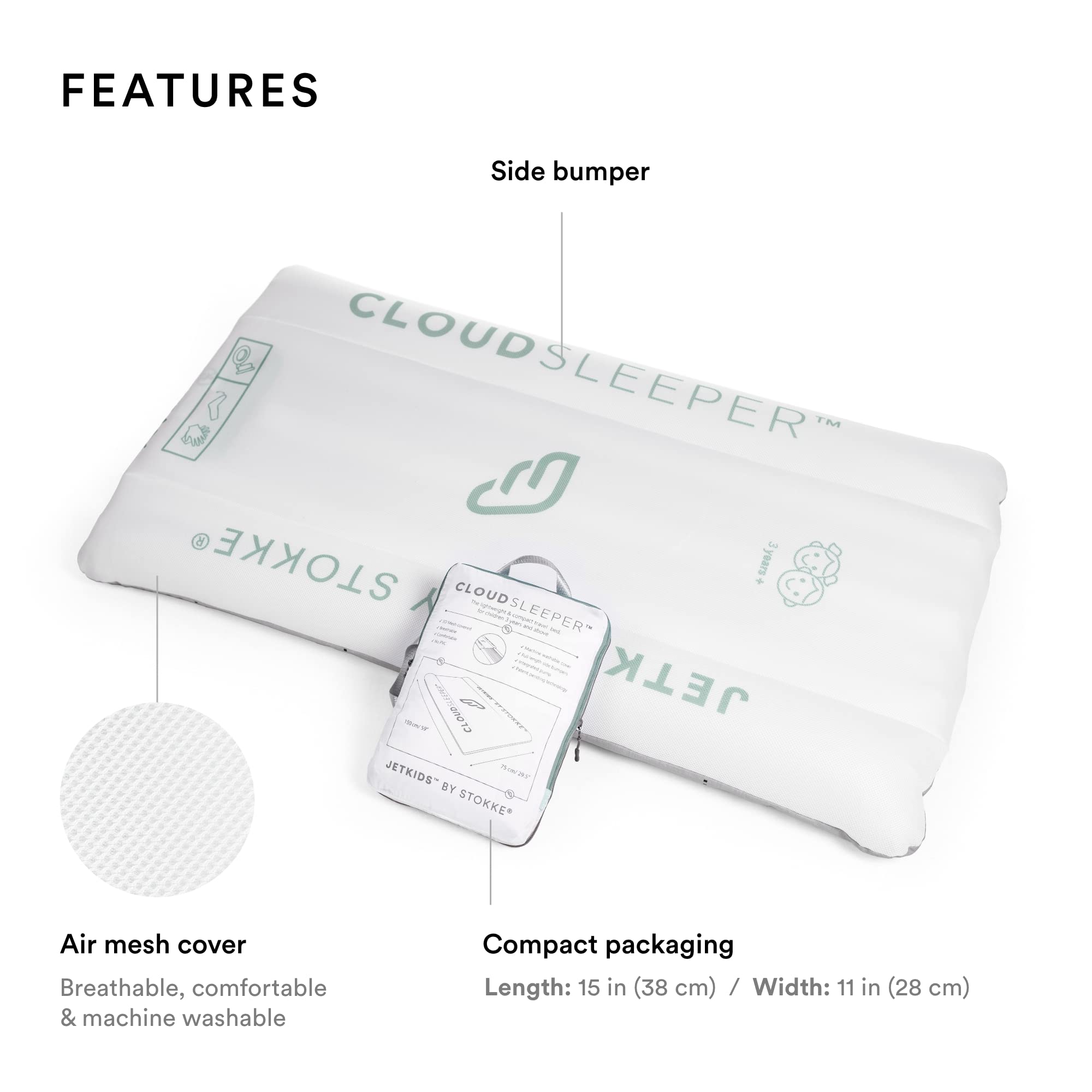 Stokke JetKids CloudSleeper - Kids Inflatable Travel Bed - with Integrated Pump, Breathable Mesh Cover & Full-Length Bumpers to Keep Your Child Safe - Easy to Clean - for Ages 3+