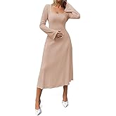 Cicy Bell Womens Sweater Dress Square Neck Maxi Dress Long Sleeve Tie Waist Fall Winter Wedding Guest Knit Midi Dresses