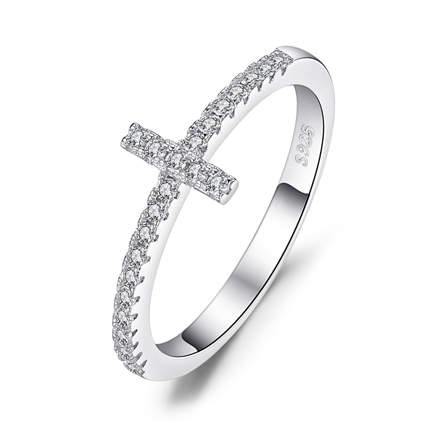 JewelryPalace Cross Sideways Promise Ring for her, White Gold Plated 925 Sterling Silver Rings for Women, Anniversary CZ Simulated Diamond Ring, Girls Womens Jewellery Gifts
