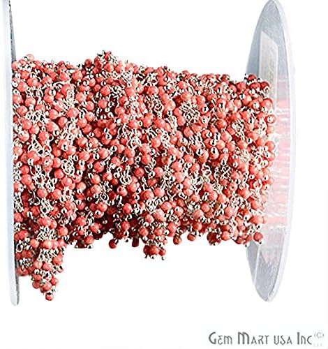 10Ft Red Coral Beads Cluster Rosary Chain, 2-2.5mm Silver Plated Wire Wrapped Rosary Chain(SPAO-30019