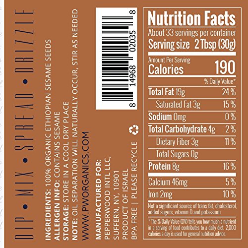Pepperwood Organic Stone-Ground Ethiopian Sesame Tahini Paste, Hulled, Unsalted, Non-GMO, Gluten-Free, Kosher, Vegan, USDA Organic, Peanut-Free, 15 Ounce - Thumbnail 4
