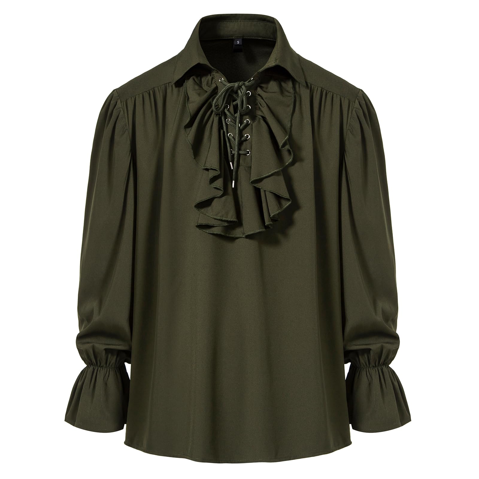 MakingDa Mens Renaissance Pirate Ruffled Frilly Shirt Jabot Collar Victorian Medieval Costume Retro Steampunk Gothic Ruffle Tops-Army Green-M