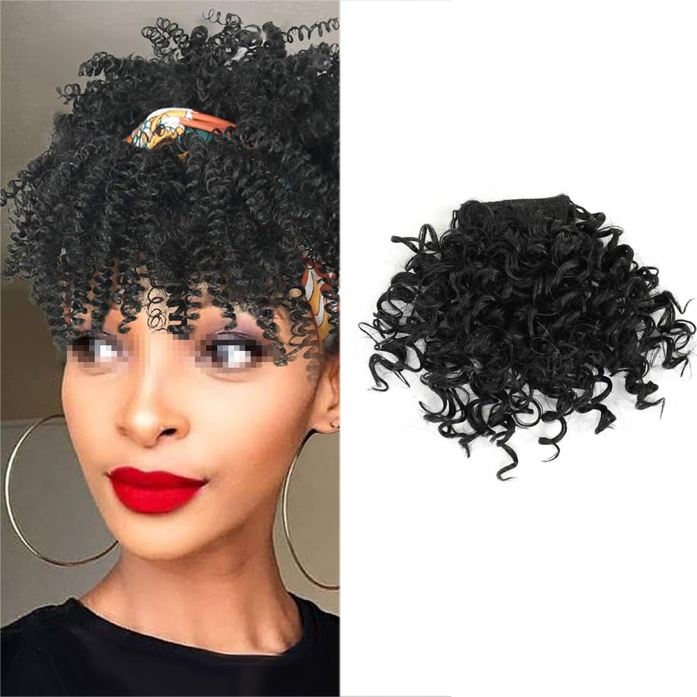 Black Afro Kinly Curly Bangs Clip Natural Fake Fringe Bangs Short Curly Hairpieces Wig with Clip for Women Hair Extensions