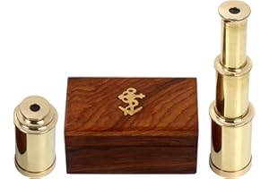 HANDCRAFTED TRADING CO. Solid Brass Nautical Handheld Telescope 6" - Nautical Pirate Spy Glass with Wooden Box
