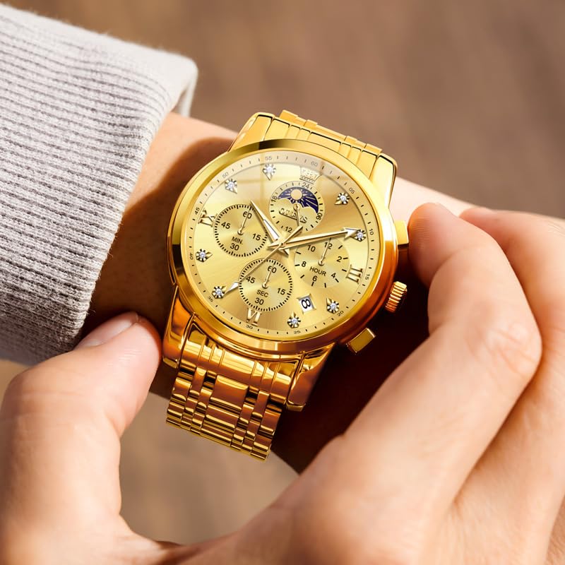 OLEVS Watch for Men Diamond Business Dress Analog Quartz Stainless Steel Waterproof Luminous Date Two Tone Luxury Casual Wrist Watch Blue, gold watches 3655, men watch