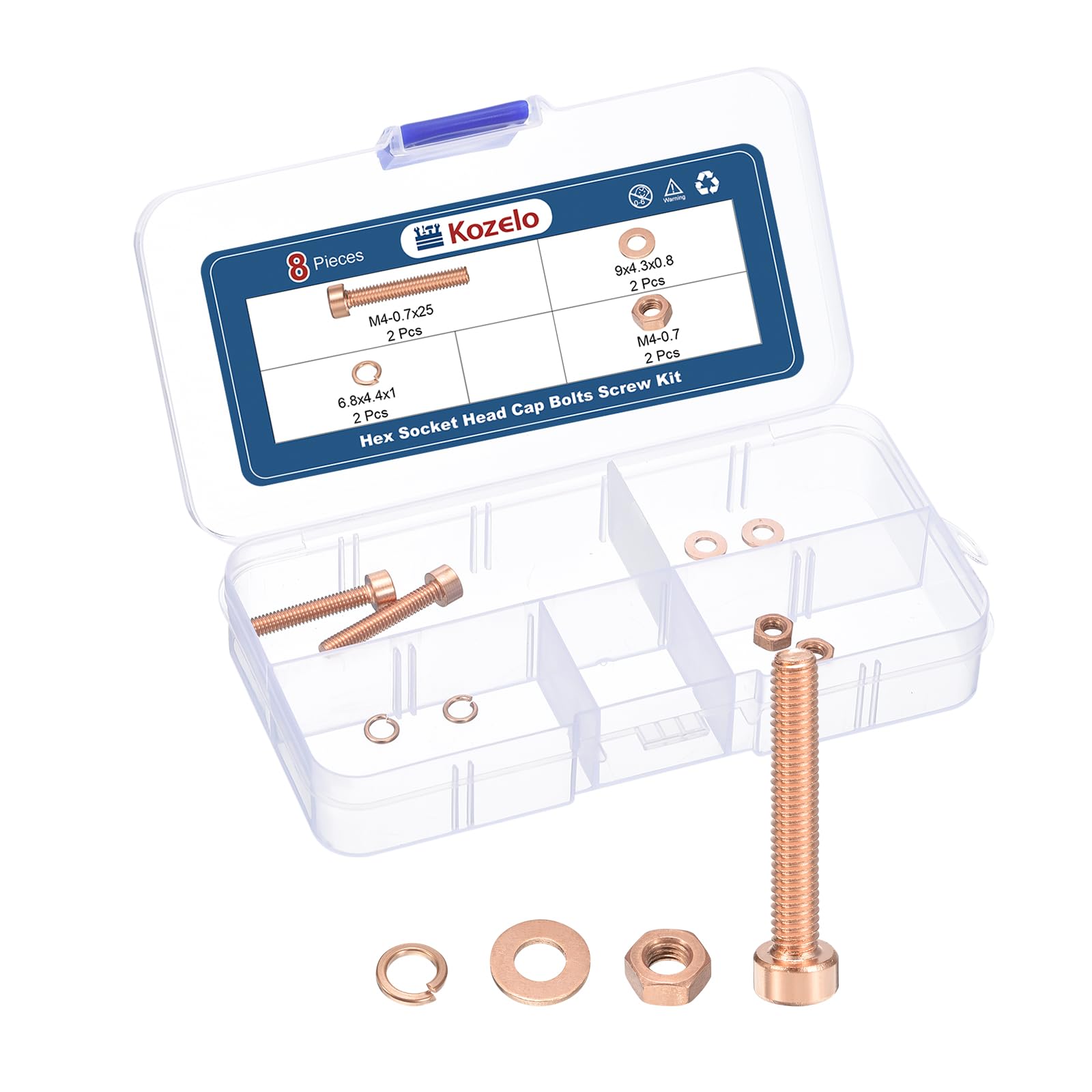 Kozelo 8pcs M4 Socket Head Cap Screws Bolts Nuts Assortment Kit - [M4-0.7x25mm] Red Copper Fully Threaded Hex Screw for 3D Printer Use