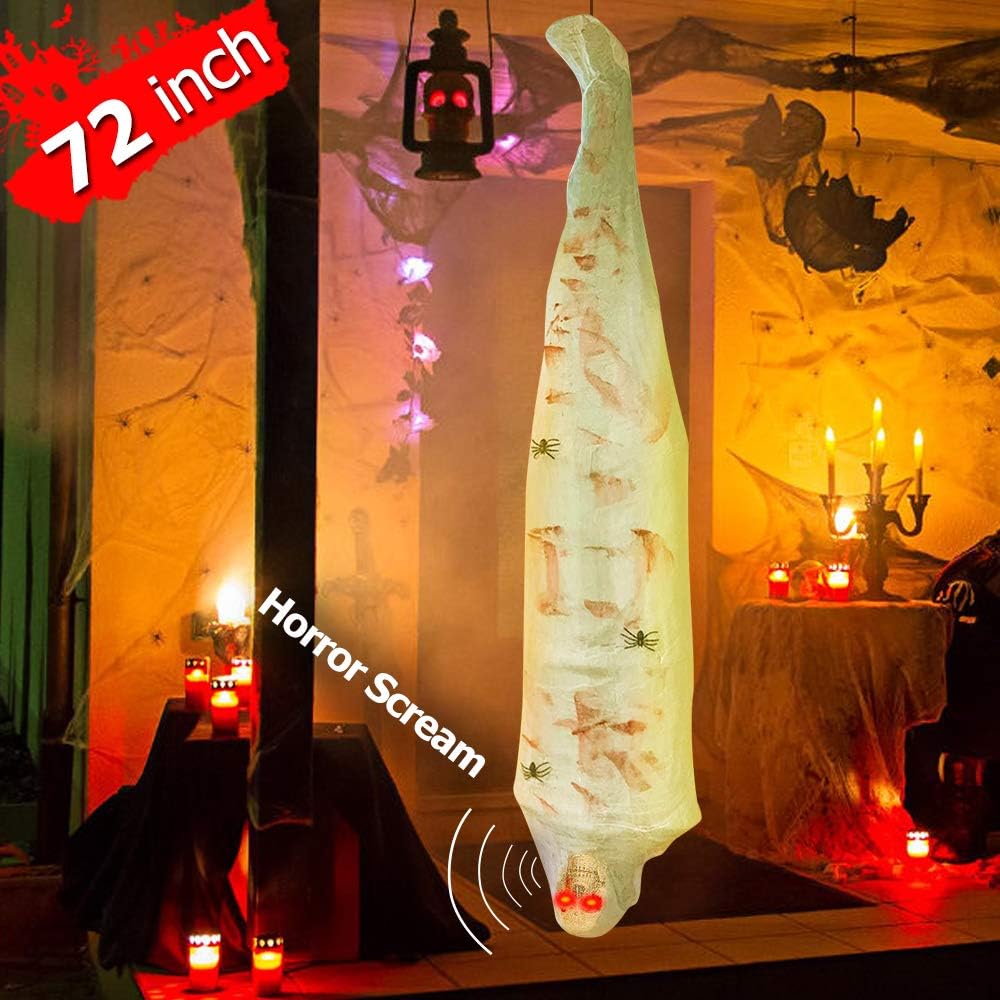 Extenuating Threads Cocoon Corpse Halloween Outdoor Decorations, Scary Hanging Decor, Hallomas Mummy Props with LED Skull Eyes Spooky Sound, Creepy Haunted House Tree Indoor Décor 72 inches : Garden & Outdoor