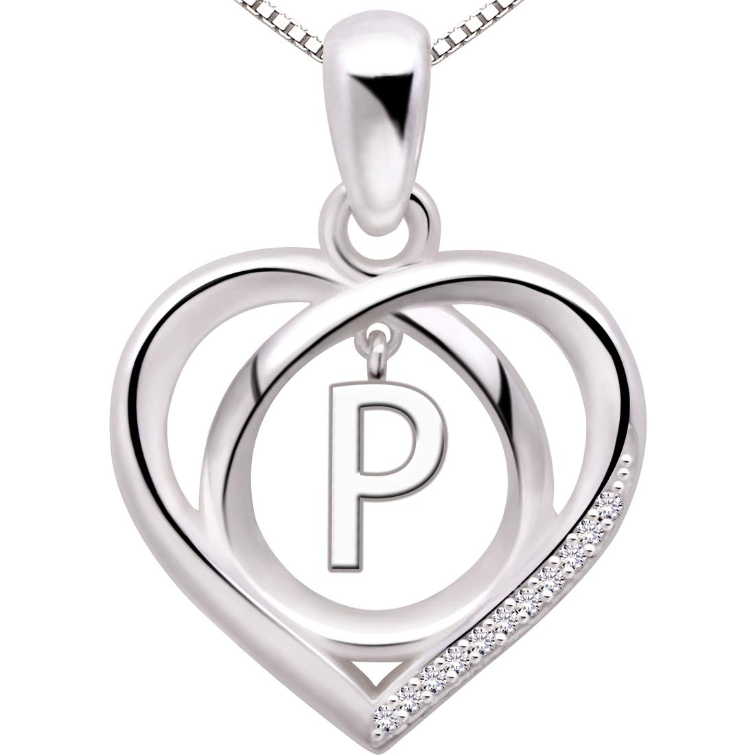 ALOV Jewelry Sterling Silver Initial P Letter Alphabet Love Heart Cubic Zirconia Pendant Necklace — image 1
