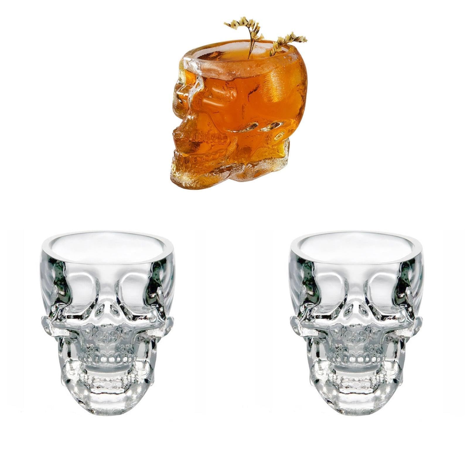 Agatige Set of 3 Skull Shot Glasses, 2.5oz Clear Skull Drinking Cup Whiskey Glasses Funny Crystal Decorative Halloween Drinkware for Vodka Wine Cocktail Beverage