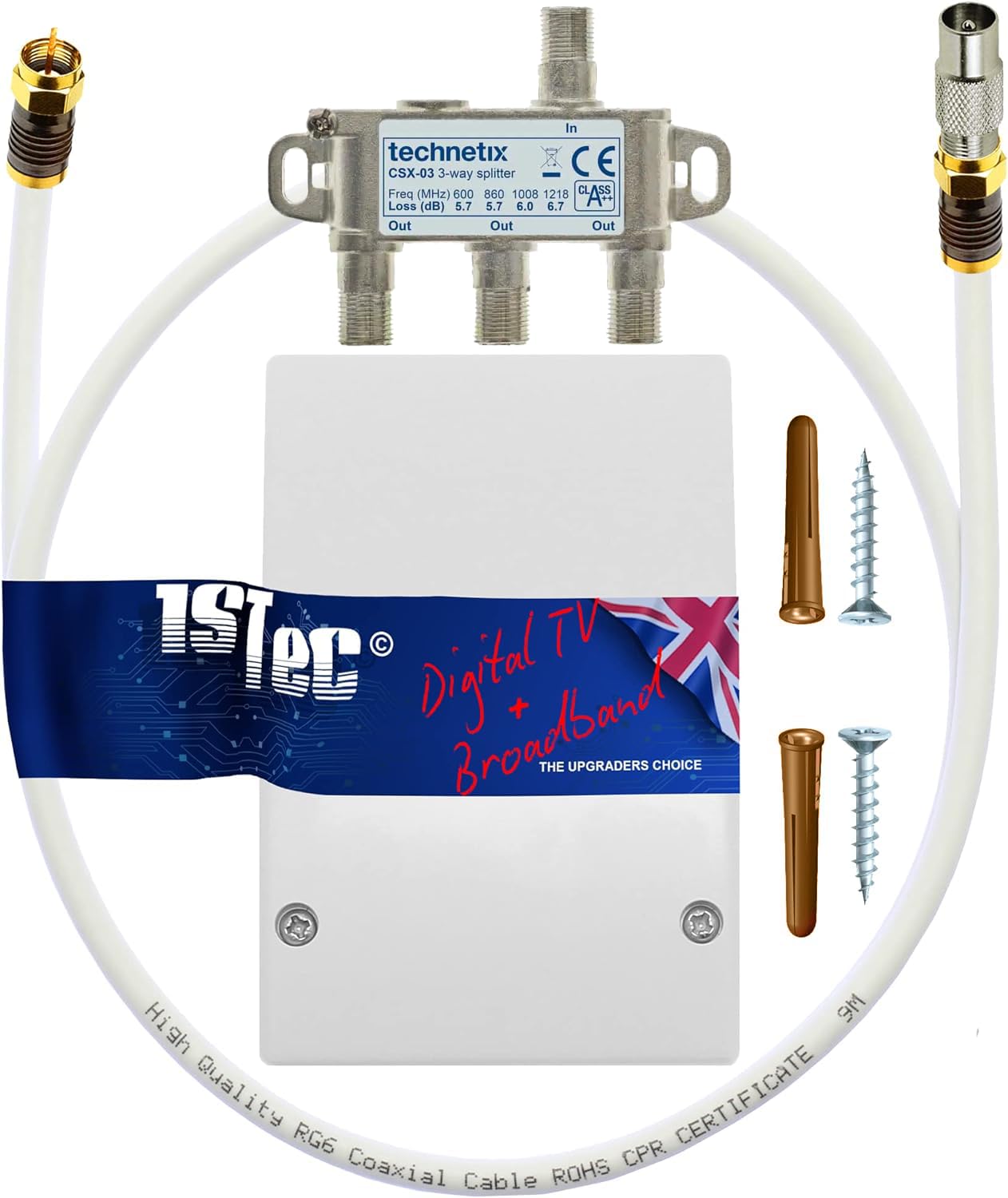 1STec Virgin Media 3 Way Technetix Passive Wideband Signal Splitter + Housing + Screws + 2m Screw-on Connector Coaxial Lead for TiVo Set Top Box or Superhub Modem Internet Router 5-1218MHZ CSX-03