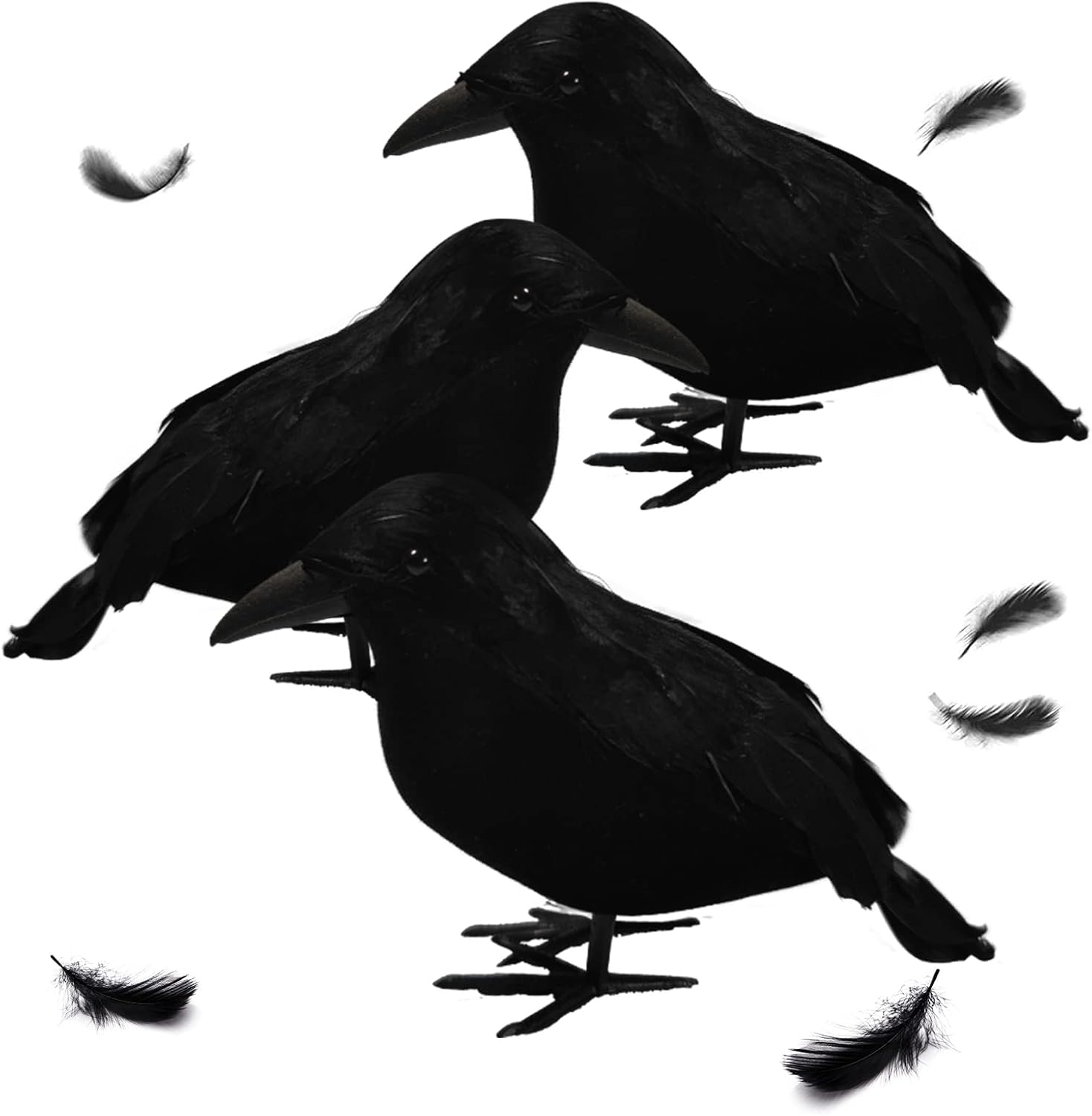 Holiday Décor Storage - Wakdiz Halloween Realistic Black Crows 3 Pieces Handmade Feathered Crow Ravens, Fake Black Birds Prop Stand Crows for Halloween Outdoors and Indoors Crow Decoration