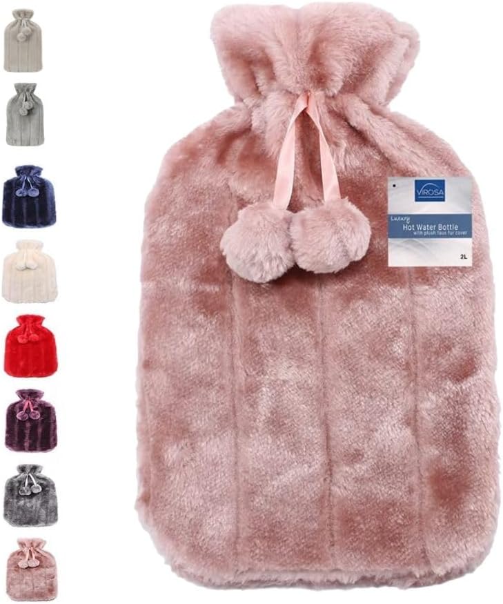 VIROSA Luxury 2 Litre Hot Water Bottle with Faux Fur Cover Plum