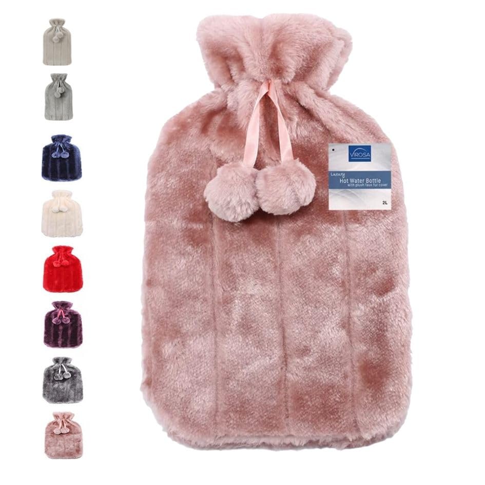 VIROSA Luxury Hot Water Bottle with Soft Faux Fur Cover & Pom Poms – 2 Litre Large Leakproof Rubber Bottle for Neck, Shoulder, Back Pain Relief & Hand and Feet Warmer (Plum)