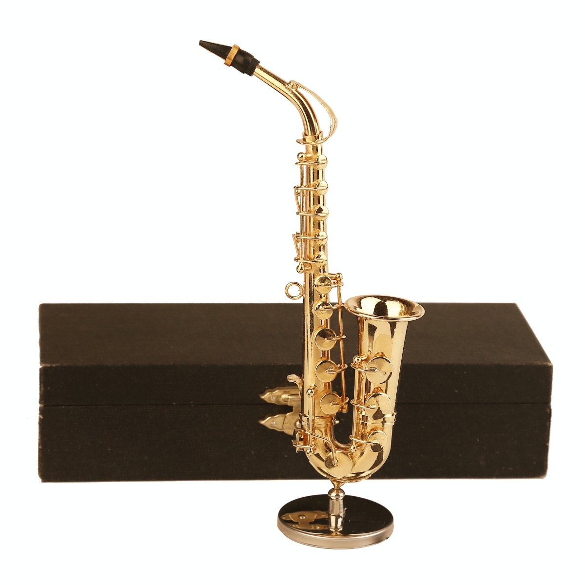 Photo 1 of Dselvgvu Miniature Saxophone with Stand and Case Brass Mini Musical Instrument Replica Collectible Figurines Dollhouse Accessories Model Home Decoration and Ornament (6.22"x3.07"x1.12" Alto Saxophone)