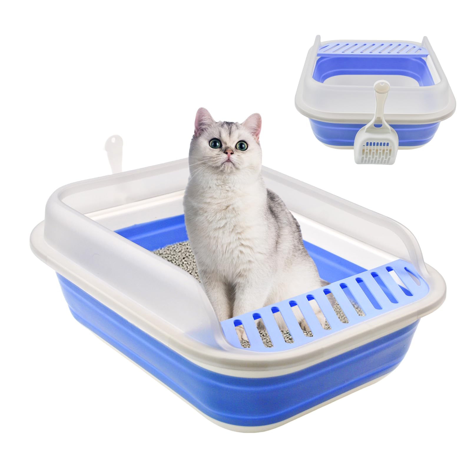 Photo 1 of MUYG High Sided Cat Litter Box, Anti-Splashing Low Entry Cats Litter Pan with Scoop Collapsible Foldable Shallow Kitten Potty Toilet Waterproof Cat Travel Litterbox Semi-Enclosed Easy Clean(Blue)