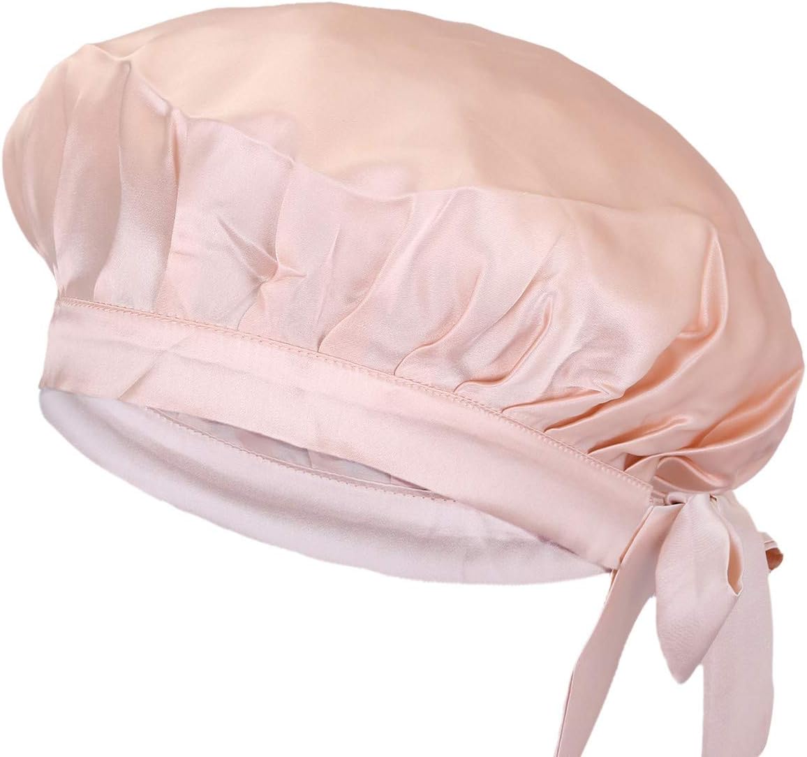 moonsix Women's Natural Silk Night Cap Satin Sleep Caps Elastic Head Cover Bonnet for Hair Care,Tape,Light Pink