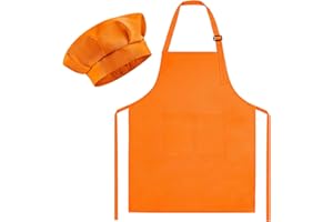 Morcheiong Kids Chef Hat and Apron Set, Adjustable Children's Painting Apron and Chef Hat with 2 Pocket for Cooking Baking