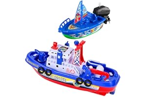 Miracland Fireboat and Sailboat Toy Set, Fire-Fighting Ship Toy Electric Fireship Water Toy Water Spray Boat Toy Marine Rescue Toy with Sound and Light+Wind-up Sailship Bath Toy (with Sailboat)