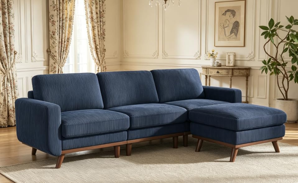 Vesgantti 97" Blue Corduroy 3-Seater Sofa with Ottoman, Modern Deep Seat Couch…