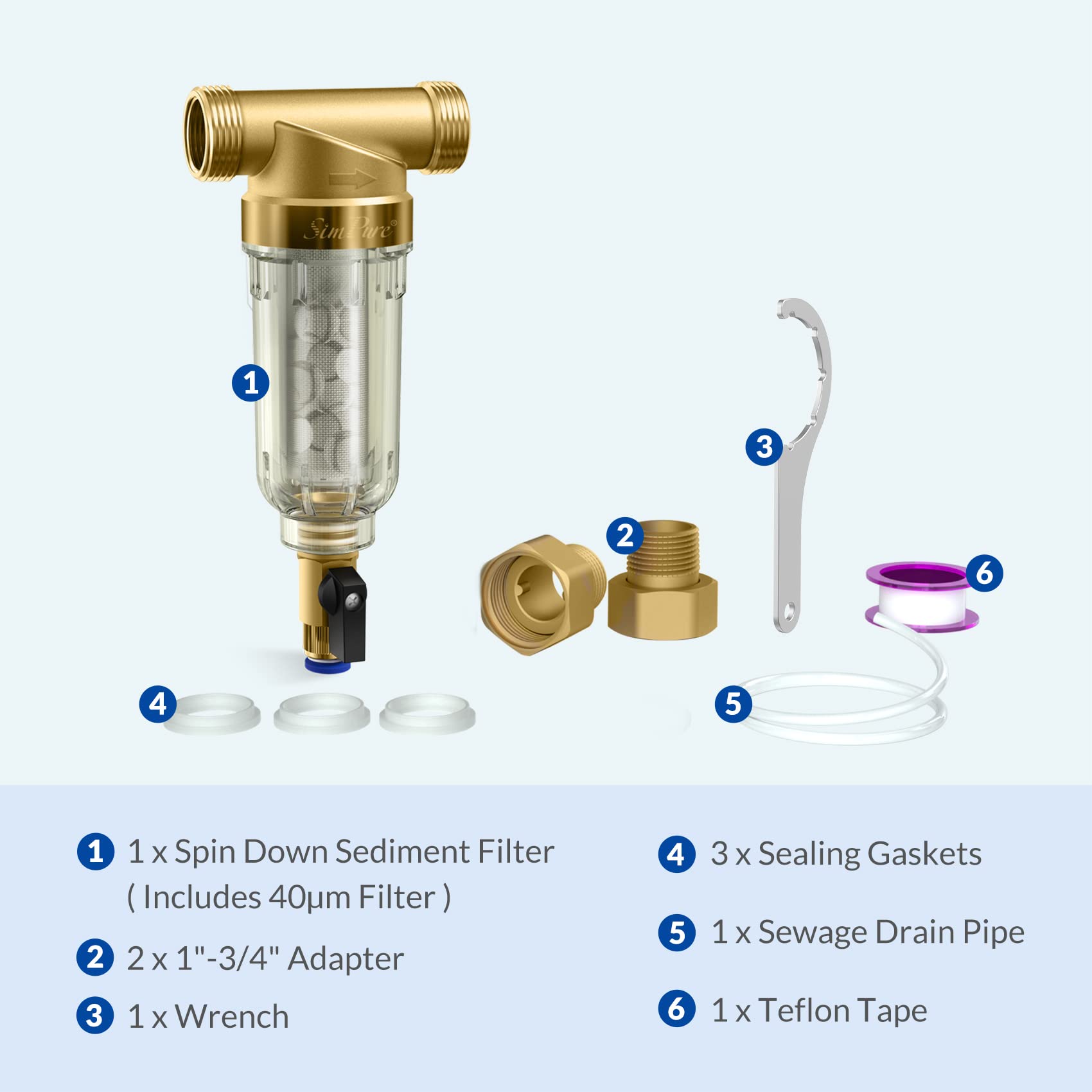 SimPure DC5S 40 Micron Spin Down Sediment Filter, Reusable Whole House Sediment Water Filter Softener with Siliphos Helps Prevent Scale and Corrosion, 1