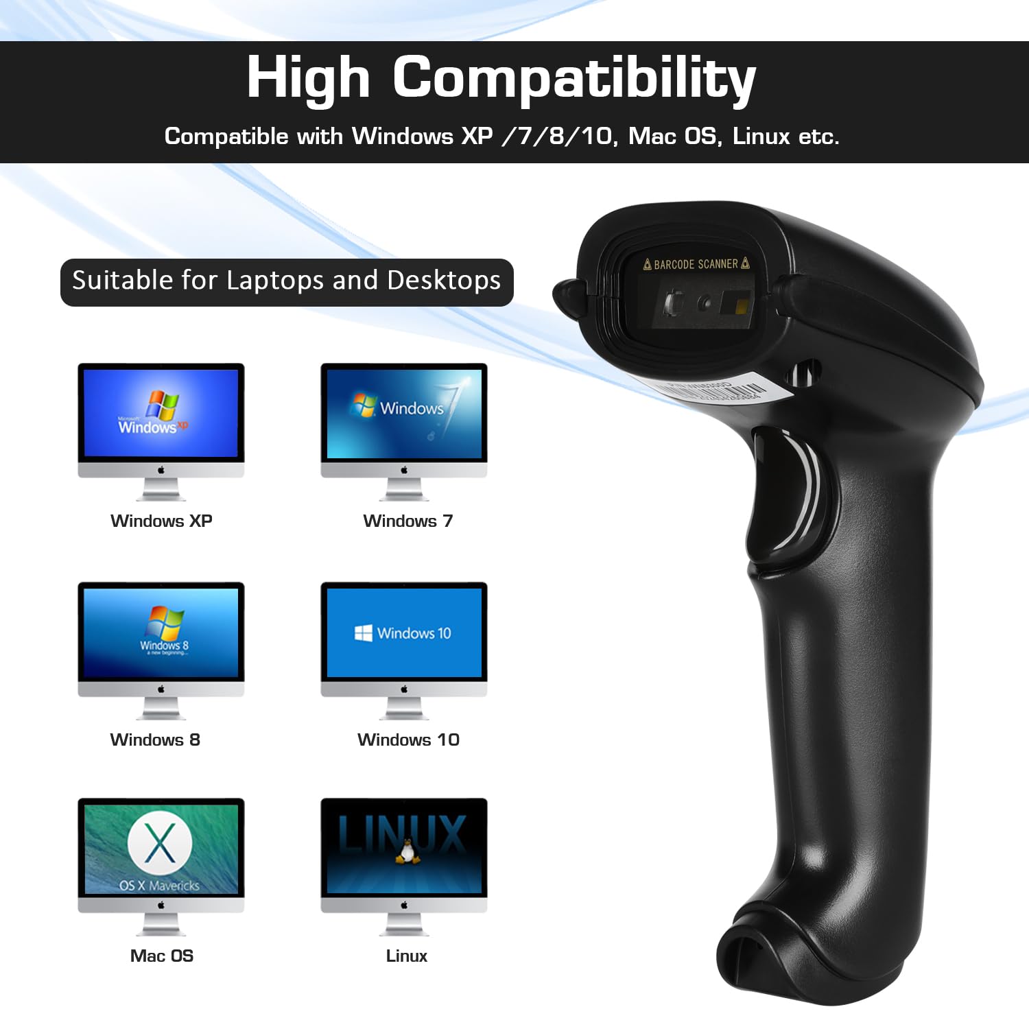WoneNice 1D/2D Barcode Scanner, Automatic Square QR Code Scanner for Computer POS Screen Scanning, Back-to-School Scanner for Student Campus Library Retail Store Warehouse Supermarket