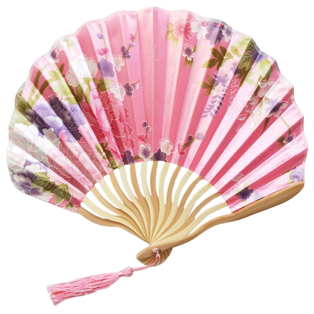 1SourceTek Silk Hand Held Folding Fans 8.27 inches (21cm) Women Hand Held Folding Fans With a Fabric Sleeve Protection for Gifts - Chinese Retro Style (Pink)