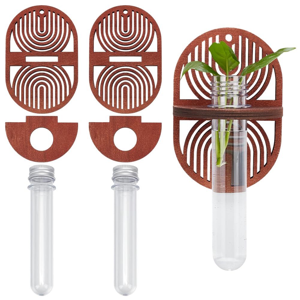 MAYJOYDIY 2 Set Wall Hanging Planter Terrarium Wooden Hollow Striped Pattern Hanging Plant Propagation Stations Plant Holder Decorative Test Tube for Home Office Decor Garden Plant Supports