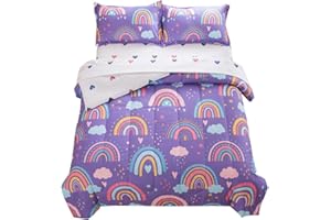 qjmiaofang 5 Pieces Rainbow Bedding Twin Size for Girls Kids Rainbow Comforter Sets Colorful Clouds Princess Themed Bed Set K