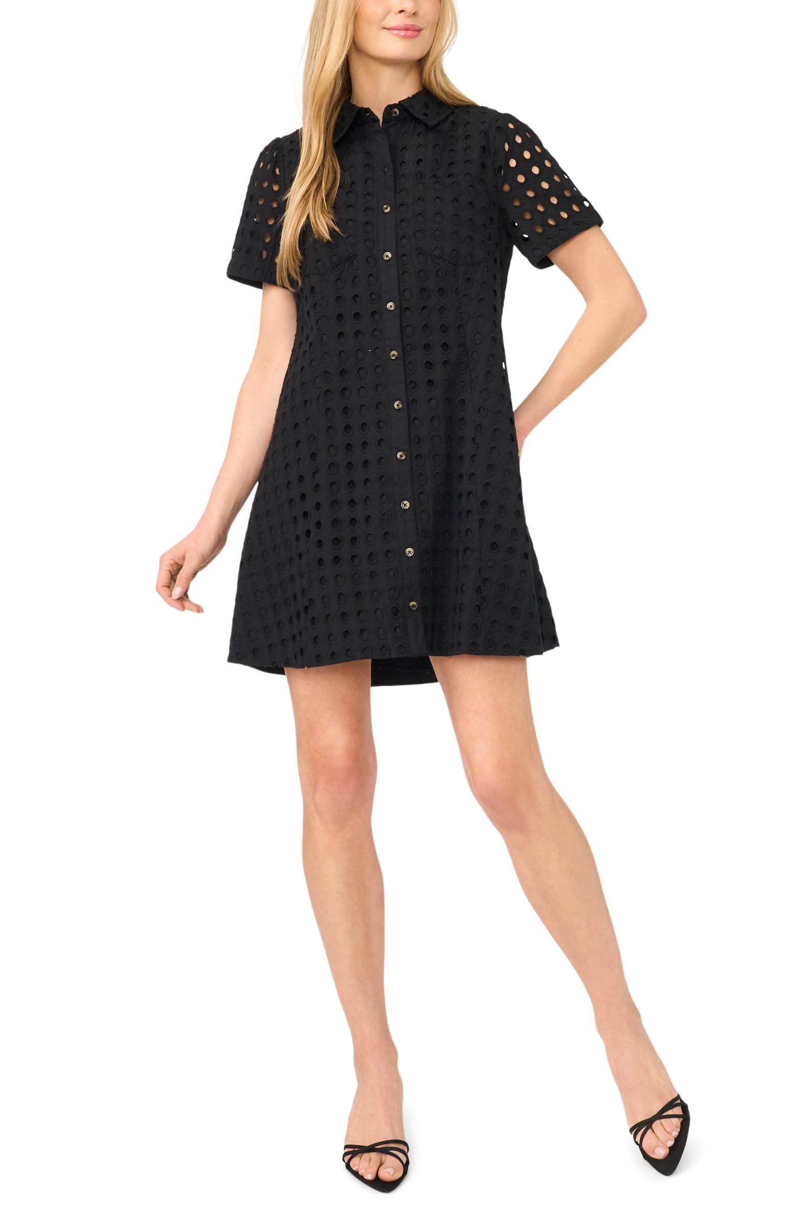 CeCe Womens Collared Eyelet Button Down Dress, Rich Black, 8