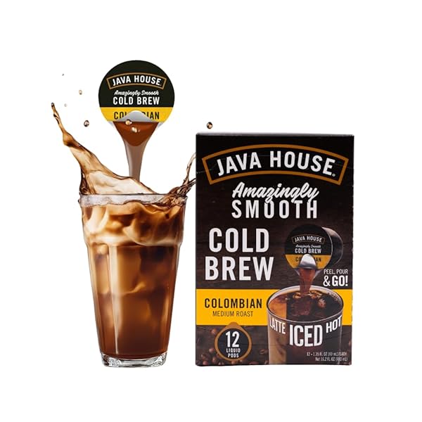 JAVA HOUSE MEDIUM ROAST COLOMBIAN COLD BREW PODS, (12 COUNT) PEEL AND POUR PODS HOT OR ICED INSTANT COFFEE CONCENTRATE