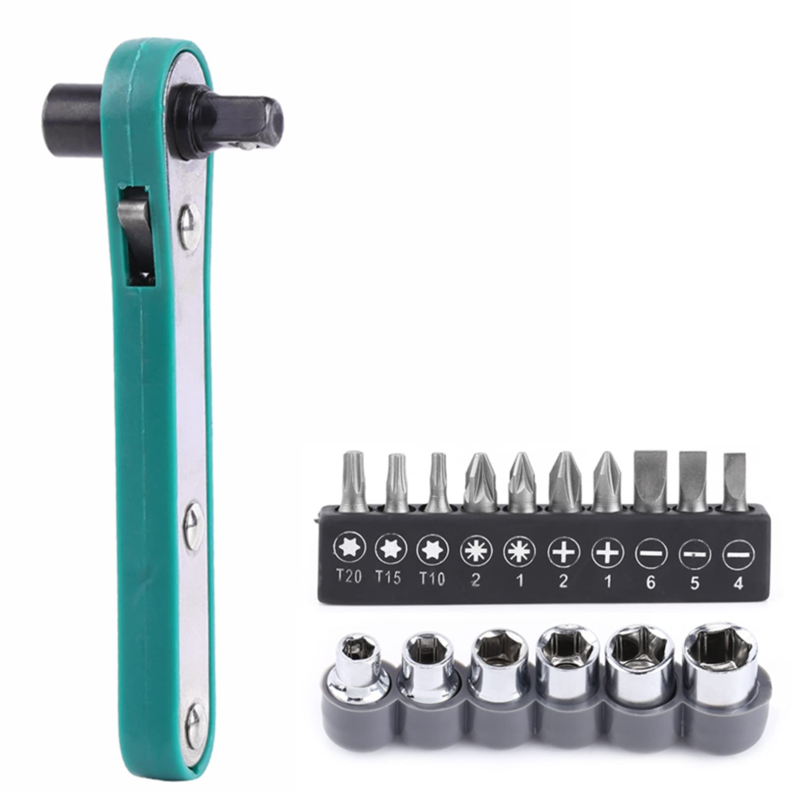 FTVOGUE 1/4" Right Angled Ratchet Wrench Screwdriver Sets Hex Torx Head Socket Wrenches with 6 x Sockets+10 x Screwdriver Bits