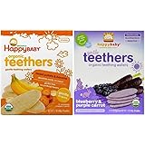 Happy Baby Organic Teethers 2 Flavor Bundle: (1) Sweet Potato & Banana Teething Wafers, and (1) Blueberry & Purple Carrot Tee