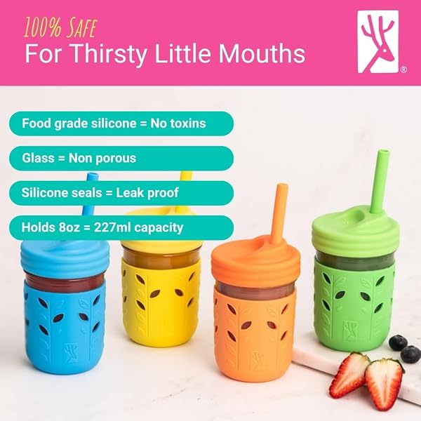ELK AND FRIENDS KIDS & TODDLER CUPS | THE ORIGINAL GLASS MASON JARS 8 OZ WITH SILICONE STRAWS WITH STOPPERS | SMOOTHIE CUPS | SPILL PROOF SIPPY CUPS FOR TODDLERS