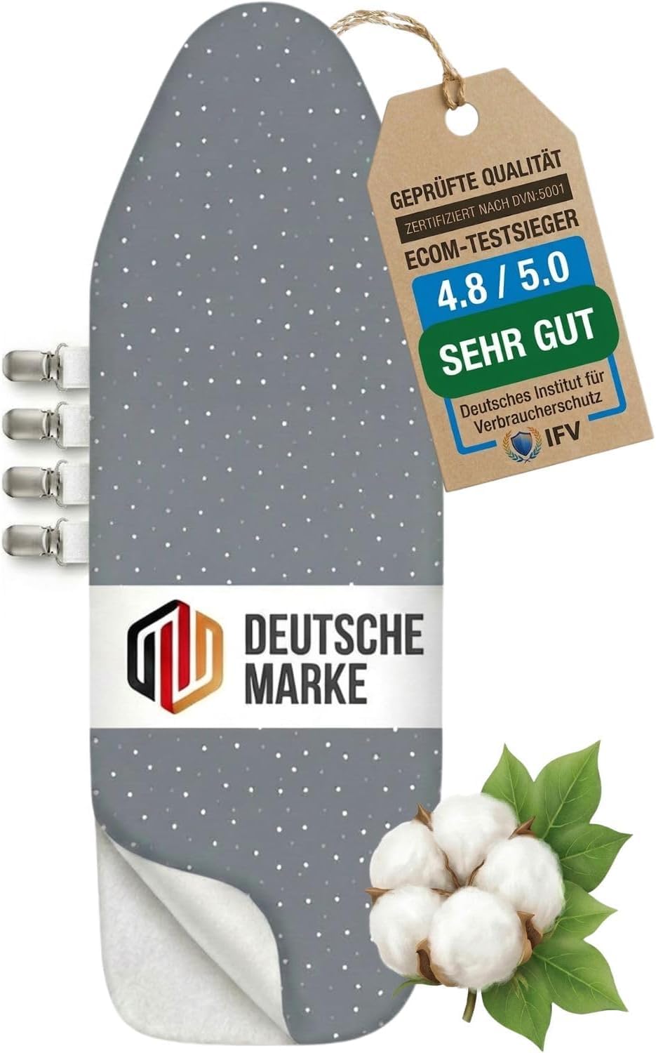 lamodo - Ironing Board Cover (120 x 40 cm) - Ironing Cover Made of 100% Cotton - Suitable for Steam Iron - Extra Thick Padding + Elastic Band and Tensioner - M