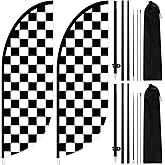 Remagr 2 Sets 7 ft Checkered Flags Banner Black and White Swooper Flag with Pole Kit Race Car Theme Party Decoration Windless Checkered Feather for Racing Birthday Party Supplies
