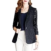 ebossy Women's 3/4 Sleeve Slim Fit One Button Work Office Business Lace Mesh Blazer Jacket