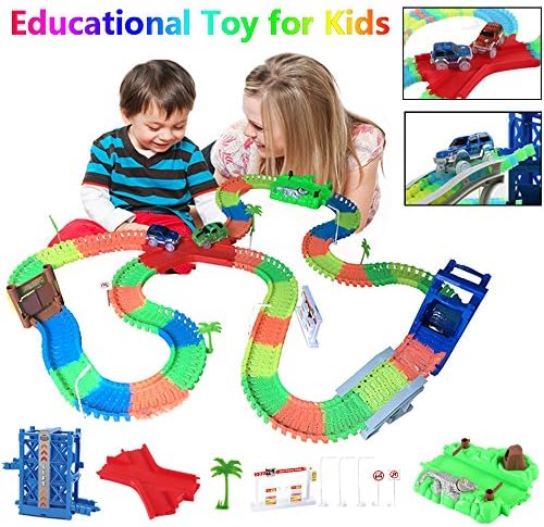 Race Car Track,  Building Track toy Set w Bend A Path Glow-in-the-Dark Car for 3 years old kids 240PCS