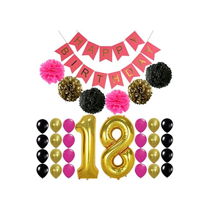 buy 18th birthday banner pompom decorations hot pink happy birthday banner sign number 18 mylar balloon hot pink gold black latex ballon perfect 18 year old party supplies free printable bday checklist online