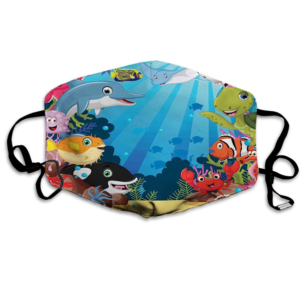 Comfortable Printed mask,Colorful Underwater Sandy Ground Cartoon Shark Fin Sea Plants Art Print,Windproof Facial decorations for man and woman