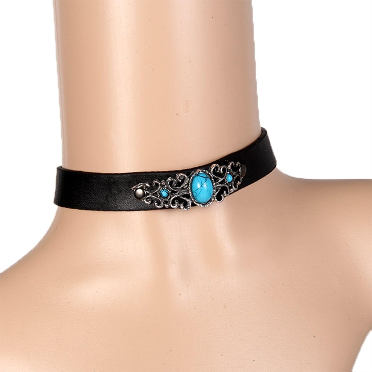 JewelryWe Black Elegant Gothic Faux Turquoise Leather Vintage Pendant Necklace Choker Collar for Halloween Party Custume Accessories - Image 3