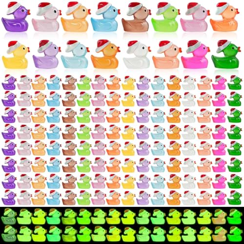 160pcs Luminous Mini Christmas Resin Ducks Dollhouse Accessories Miniature Figurines to Hide Tiny Little Duck Bulk Glow in The Dark for Micro Garden Landscape Aquarium Craft Party Favors Toy